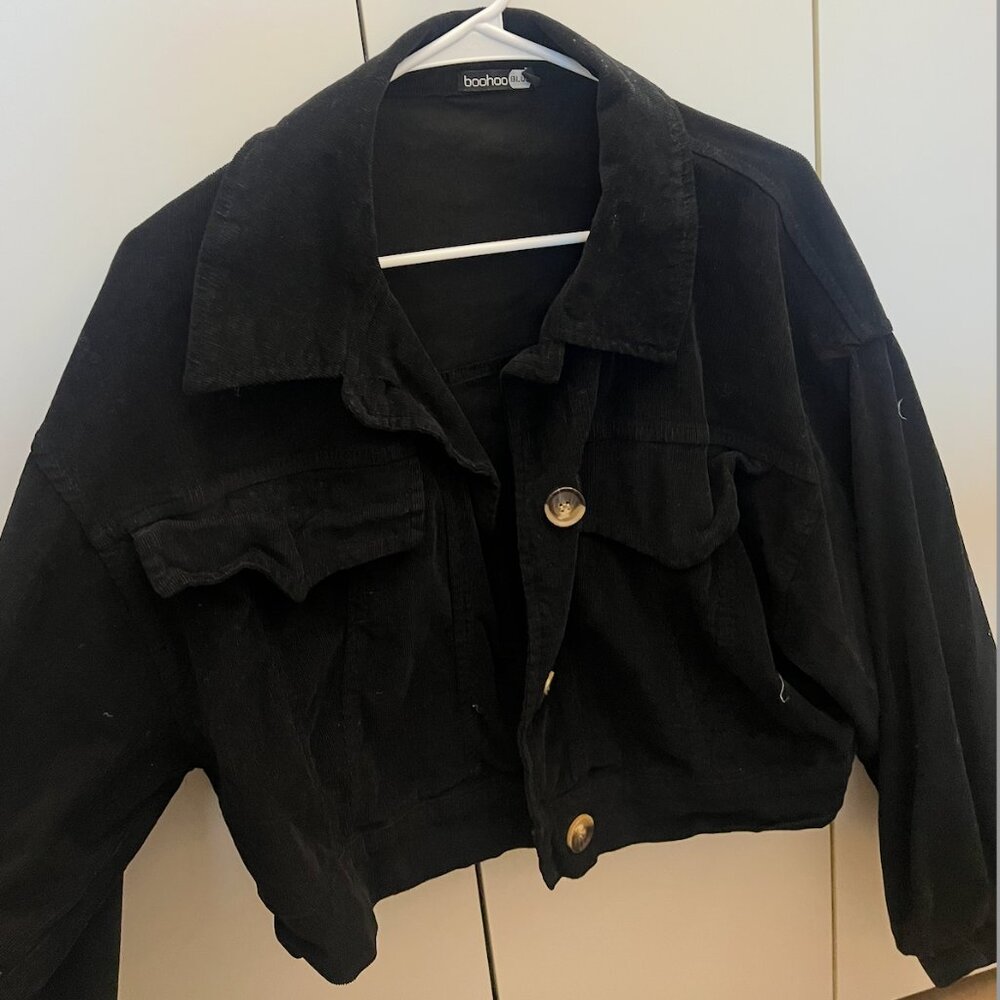 Boohoo bell sleeve black corduroy cropped jacket
